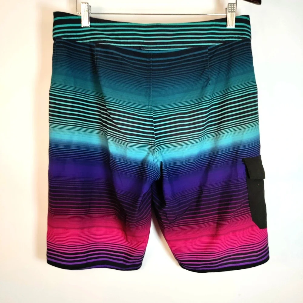 Hang Ten Board Ombre‎ Striped Tropical Lined Aloha Swim Surfboard Shorts Men 32